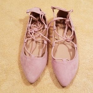 blush lace up flats
